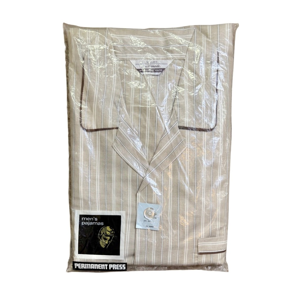 Vintage NOS 70s CustomodeStriped Pajama Set Men's XL Mid Century Beige White